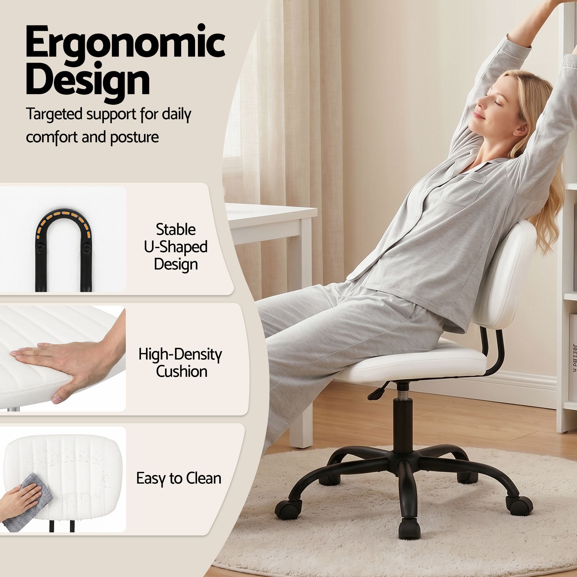 Artiss Armless Office Chair with Wheels, Ergonomic PU Leather Office Desk Chair, Height Adjustable 360° Swivel Computer Task Chair for Home Office, Study Room & Small Space, White