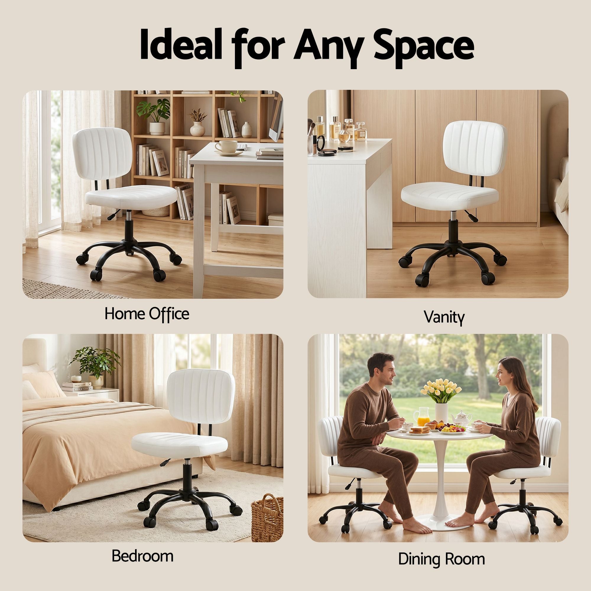 Artiss Armless Office Chair with Wheels, Ergonomic PU Leather Office Desk Chair, Height Adjustable 360° Swivel Computer Task Chair for Home Office, Study Room & Small Space, White