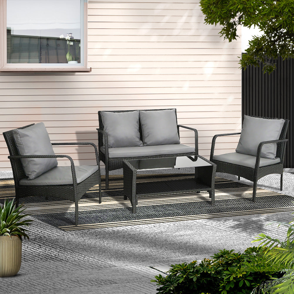 Gardeon Outdoor Sofa Set Lounge Setting Wicker Table and Chairs Garden Patio Furniture ODF-4PC-SOFA-BK-AB