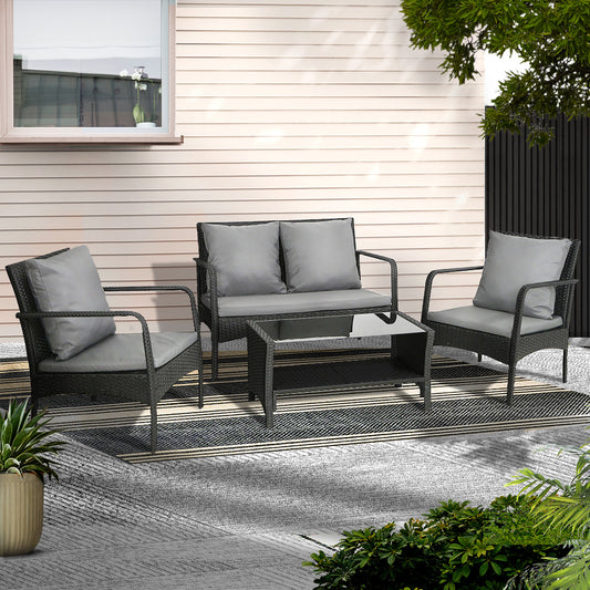 Gardeon Outdoor Sofa Set Lounge Setting Wicker Table and Chairs Garden Patio Furniture ODF-4PC-SOFA-BK-AB
