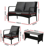 Gardeon Outdoor Sofa Set Lounge Setting Wicker Table and Chairs Garden Patio Furniture ODF-4PC-SOFA-BK-AB