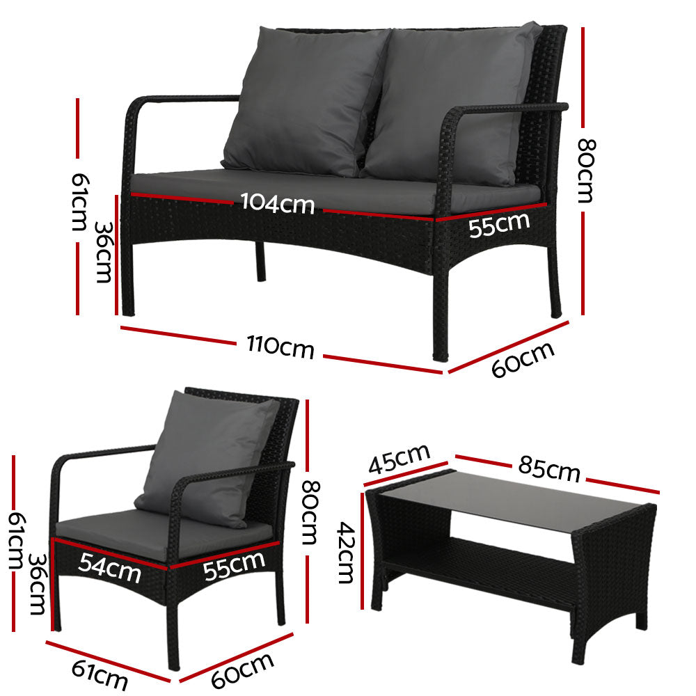 Gardeon Outdoor Sofa Set Lounge Setting Wicker Table and Chairs Garden Patio Furniture ODF-4PC-SOFA-BK-AB