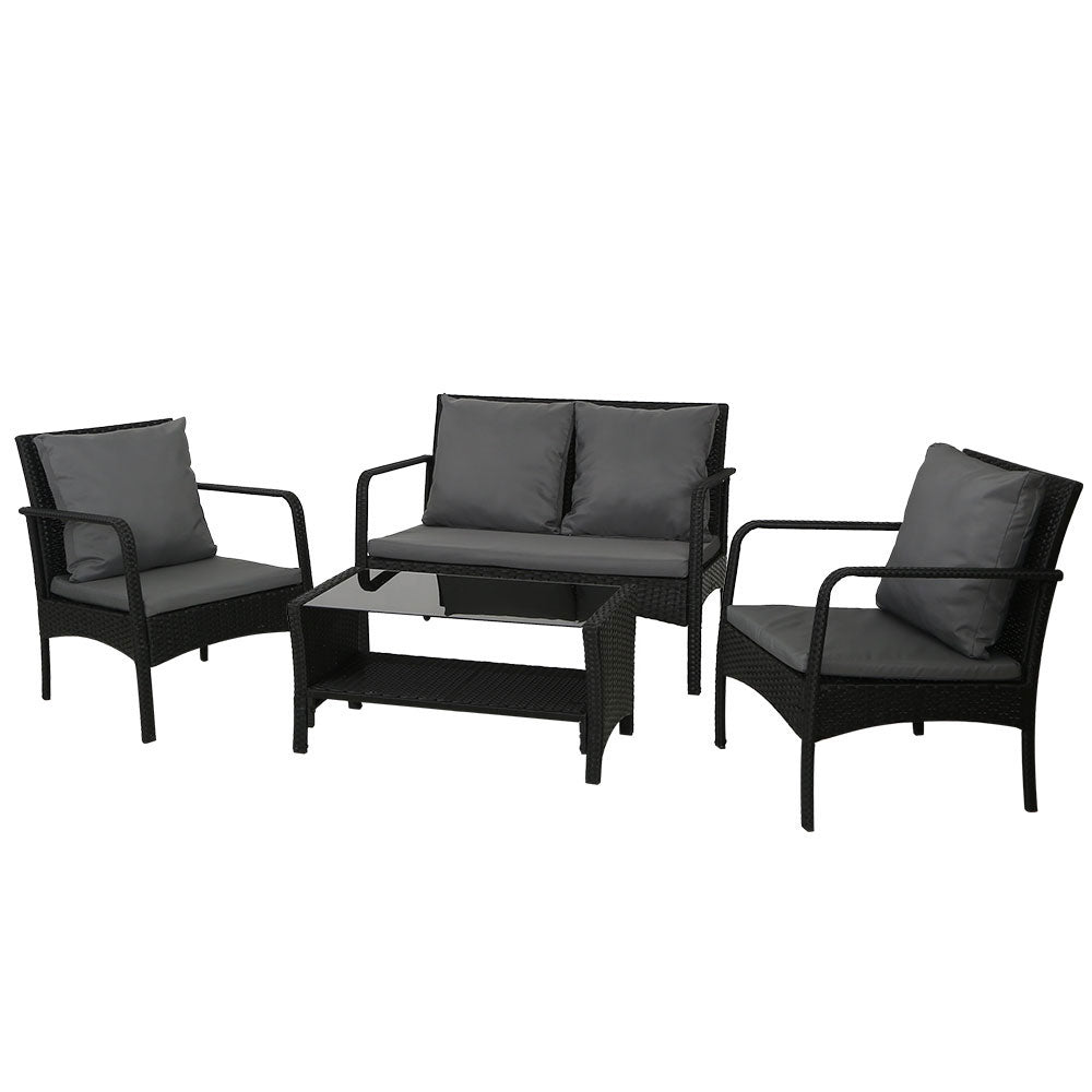 Gardeon Outdoor Sofa Set Lounge Setting Wicker Table and Chairs Garden Patio Furniture ODF-4PC-SOFA-BK-AB