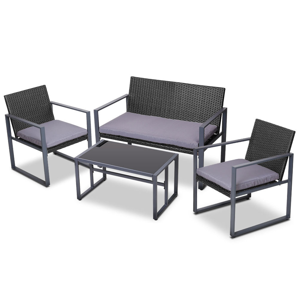 Gardeon 4 PCS Outdoor Sofa Set Rattan Furniture Glass Top Table Chairs Black ODF-4PCS-BST03-BK-AB