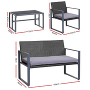 Gardeon 4 PCS Outdoor Sofa Set Rattan Furniture Glass Top Table Chairs Black ODF-4PCS-BST03-BK-AB