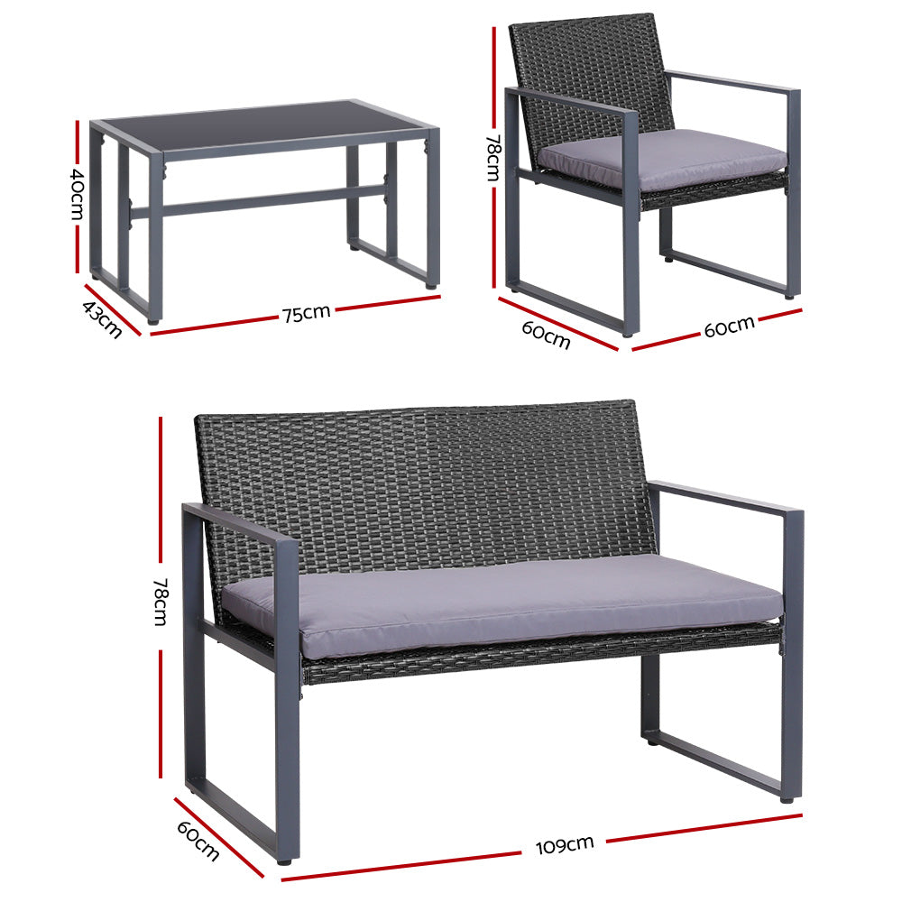 Gardeon 4 PCS Outdoor Sofa Set Rattan Furniture Glass Top Table Chairs Black ODF-4PCS-BST03-BK-AB