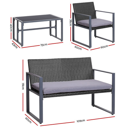 Gardeon 4 PCS Outdoor Sofa Set Rattan Furniture Glass Top Table Chairs Black ODF-4PCS-BST03-BK-AB