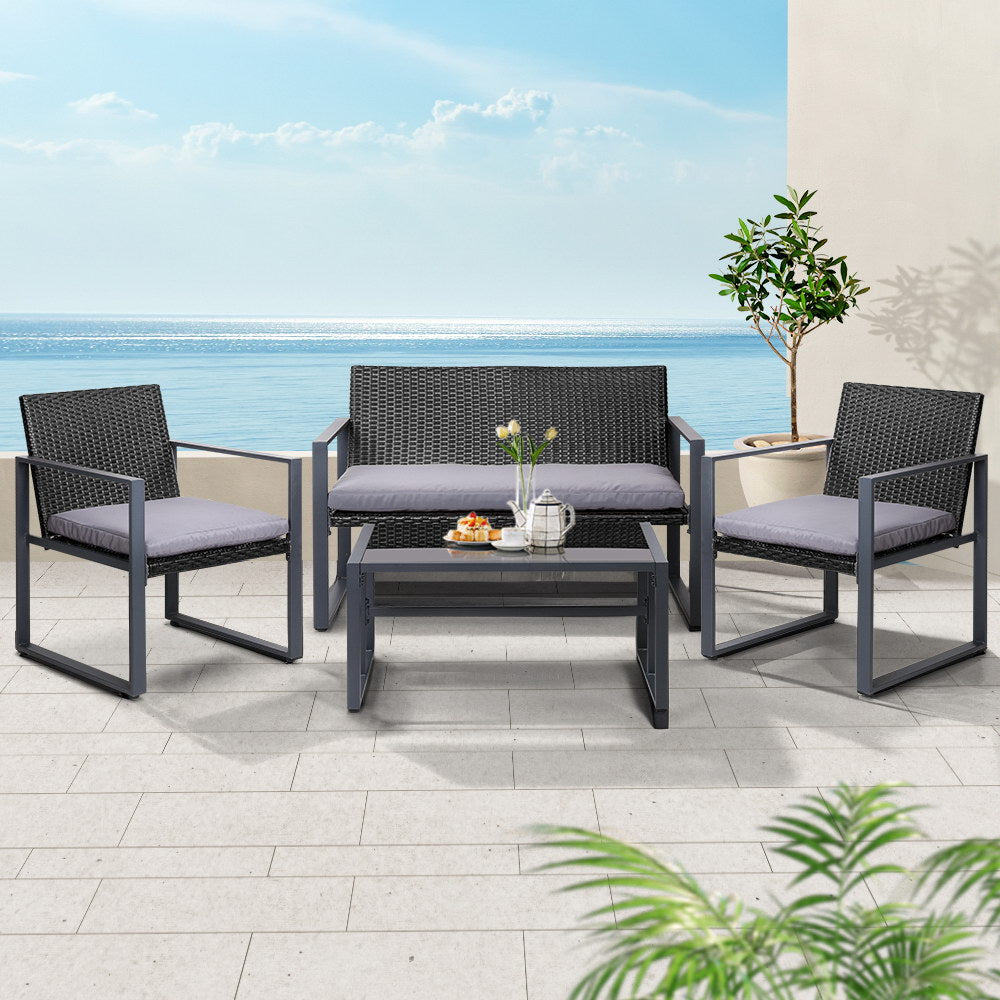 Gardeon 4 PCS Outdoor Sofa Set Rattan Furniture Glass Top Table Chairs Black ODF-4PCS-BST03-BK-AB