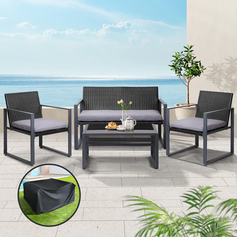 Gardeon 4 PCS Outdoor Sofa Set Rattan Furniture with Storage Cover Chairs Black ODF-4PCS-BST03-BK-AB-COVER
