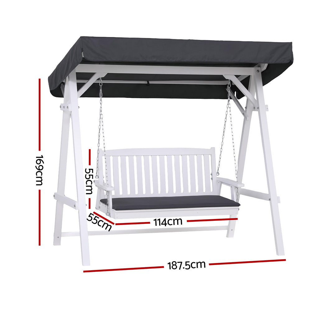 Gardeon Outdoor Wooden Swing Chair Garden Bench Canopy Cushion 3 Seater White ODF-B-GSC-W3S-WH-AB