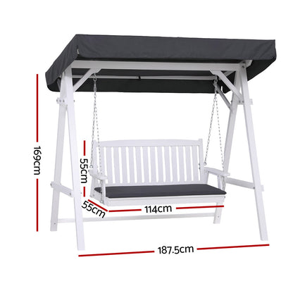 Gardeon Outdoor Wooden Swing Chair Garden Bench Canopy Cushion 3 Seater White ODF-B-GSC-W3S-WH-AB