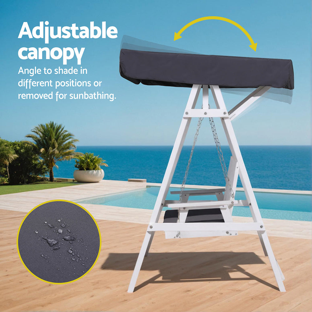 Gardeon Outdoor Wooden Swing Chair Garden Bench Canopy Cushion 3 Seater White ODF-B-GSC-W3S-WH-AB