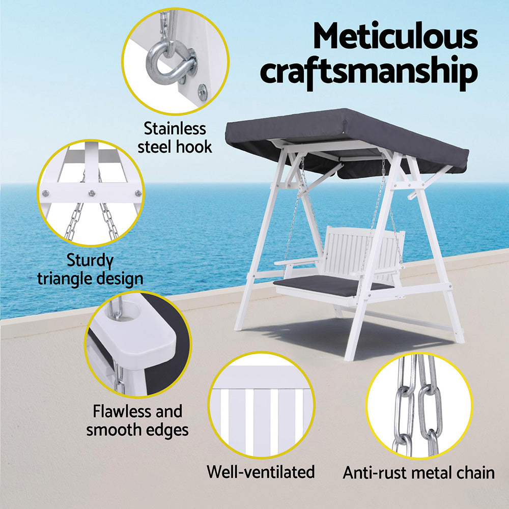 Gardeon Outdoor Wooden Swing Chair Garden Bench Canopy Cushion 3 Seater White ODF-B-GSC-W3S-WH-AB