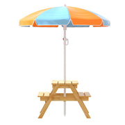 Keezi Kids Outdoor Table and Chairs Picnic Bench Umbrella Set Water Sand Pit Box ODF-B-KID-PICNIC-UM-NAT