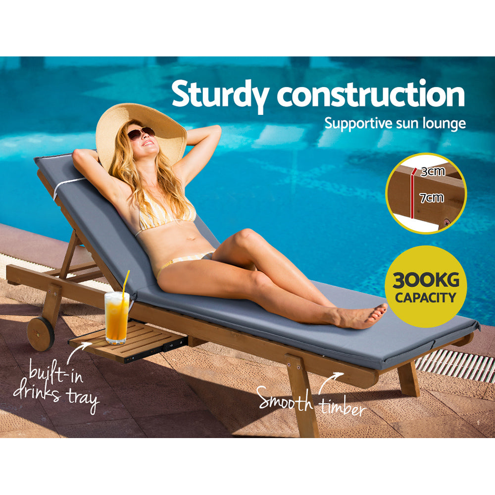 Gardeon Sun Lounge Wooden Lounger Outdoor Furniture Day Bed Wheels Patio Grey ODF-B-LOUNGE-WHEEL-GE