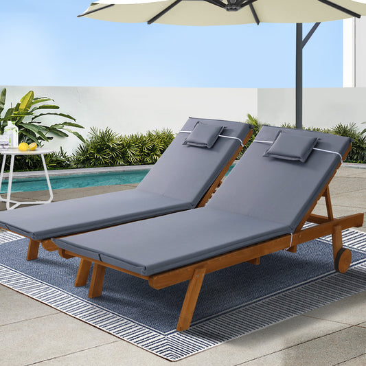 Gardeon 2x Sun Lounge Wooden Lounger Outdoor Furniture Day Bed Wheel Patio Grey ODF-B-LOUNGE-WHEEL-GEX2