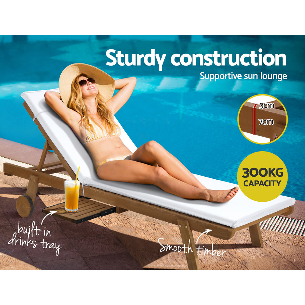 Gardeon Sun Lounge Wooden Lounger Outdoor Furniture Day Bed Wheels Patio White ODF-B-LOUNGE-WHEEL-WH