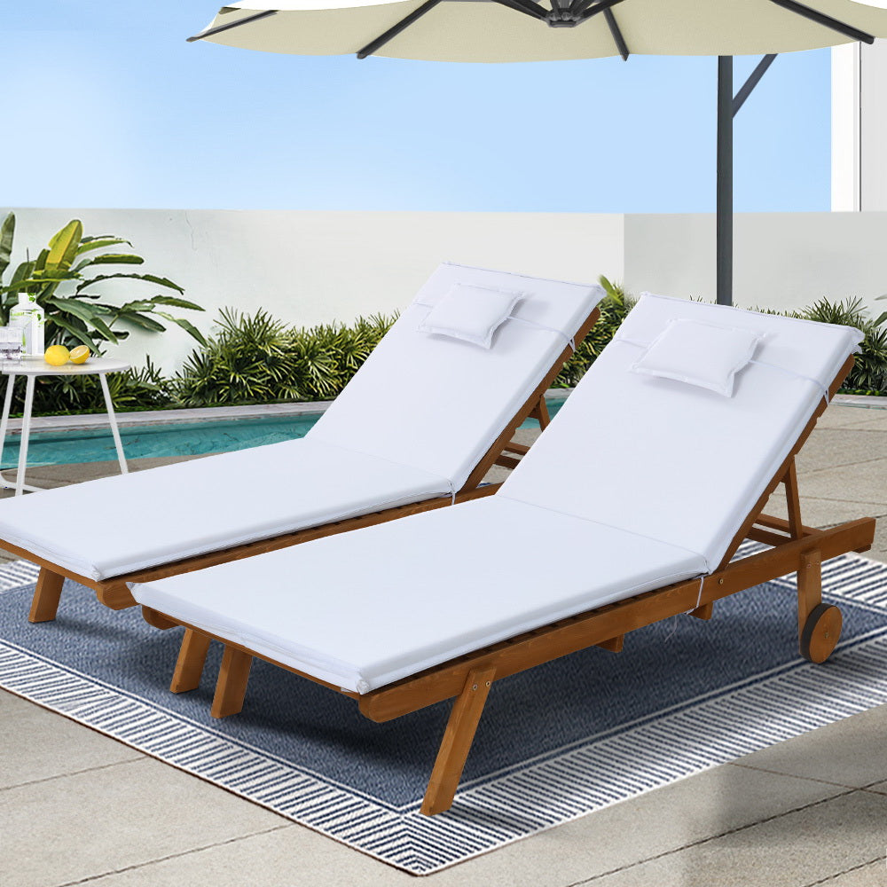 Gardeon 2x Sun Lounge Wooden Lounger Outdoor Furniture Day Bed Wheel Patio White ODF-B-LOUNGE-WHEEL-WHX2