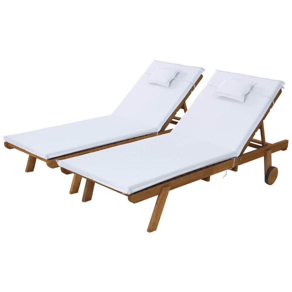 Gardeon 2x Sun Lounge Wooden Lounger Outdoor Furniture Day Bed Wheel Patio White ODF-B-LOUNGE-WHEEL-WHX2