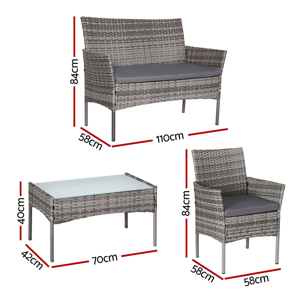 Gardeon 4 Seater Outdoor Sofa Set Wicker Setting Table Chair Furniture Grey ODF-B-PATIO-17007-GR-AB