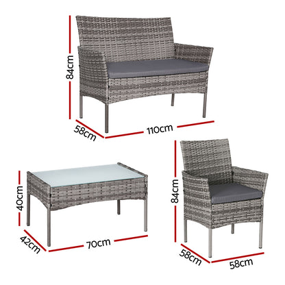 Gardeon 4 Seater Outdoor Sofa Set Wicker Setting Table Chair Furniture Grey ODF-B-PATIO-17007-GR-AB