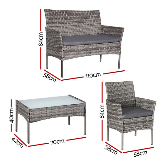 Gardeon 4 Seater Outdoor Sofa Set Wicker Setting Table Chair Furniture Grey ODF-B-PATIO-17007-GR-AB