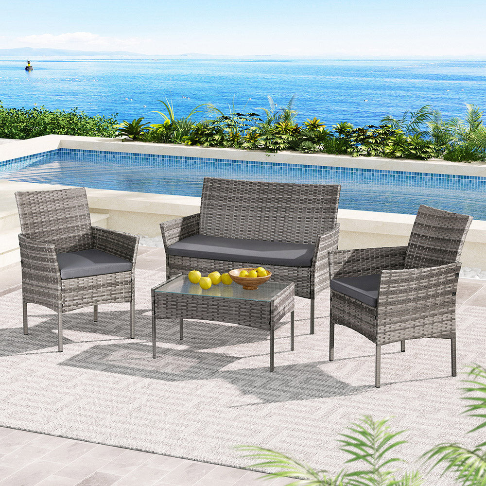 Gardeon 4 Seater Outdoor Sofa Set Wicker Setting Table Chair Furniture Grey ODF-B-PATIO-17007-GR-AB