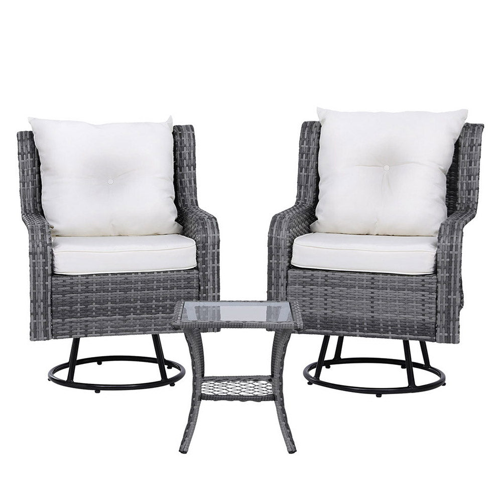 Gardeon 3PC Outdoor Furniture Bistro Set Lounge Wicker Swivel Chairs Table Cushion Grey ODF-B-RAN-ROAT-3PCS-GE-AB