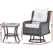 Gardeon 3PC Outdoor Furniture Bistro Set Lounge Wicker Swivel Chairs Table Cushion Grey ODF-B-RAN-ROAT-3PCS-GE-AB