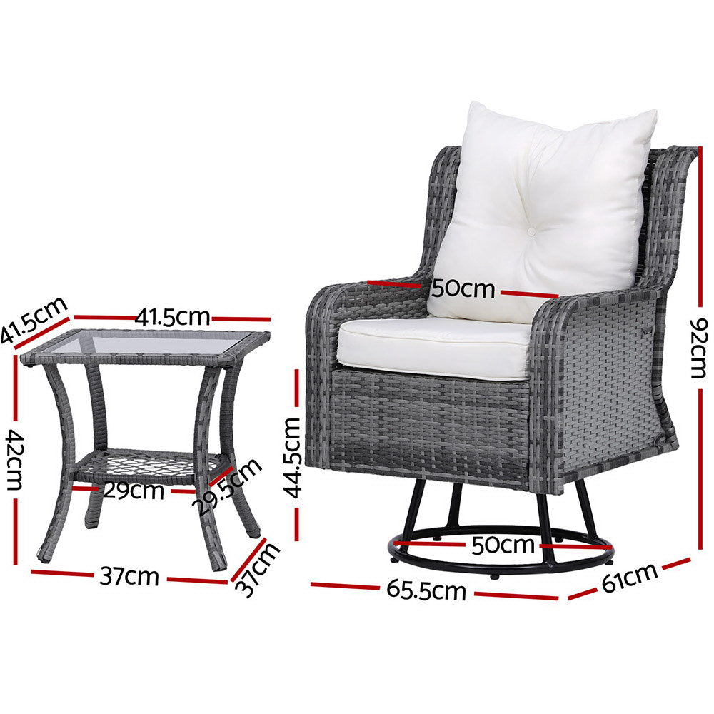 Gardeon 3PC Outdoor Furniture Bistro Set Lounge Wicker Swivel Chairs Table Cushion Grey ODF-B-RAN-ROAT-3PCS-GE-AB