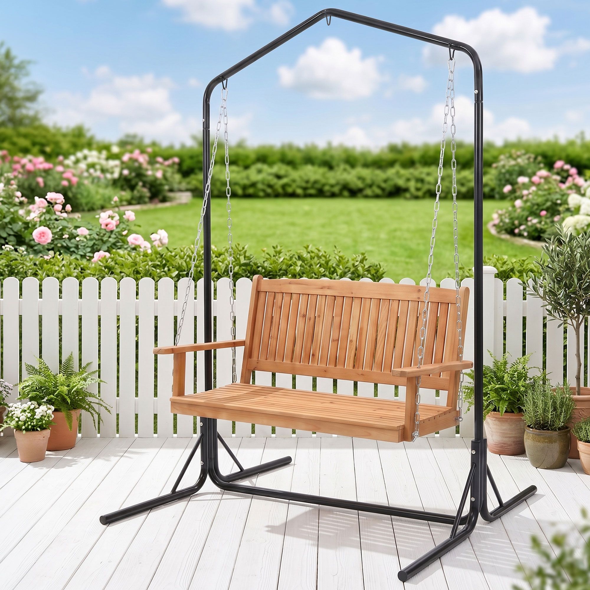 Gardeon Wooden 2-Seater Outdoor Swing Chair with Black Stand Hanging Chair Patio Furniture ODF-B-SWING-U-TK