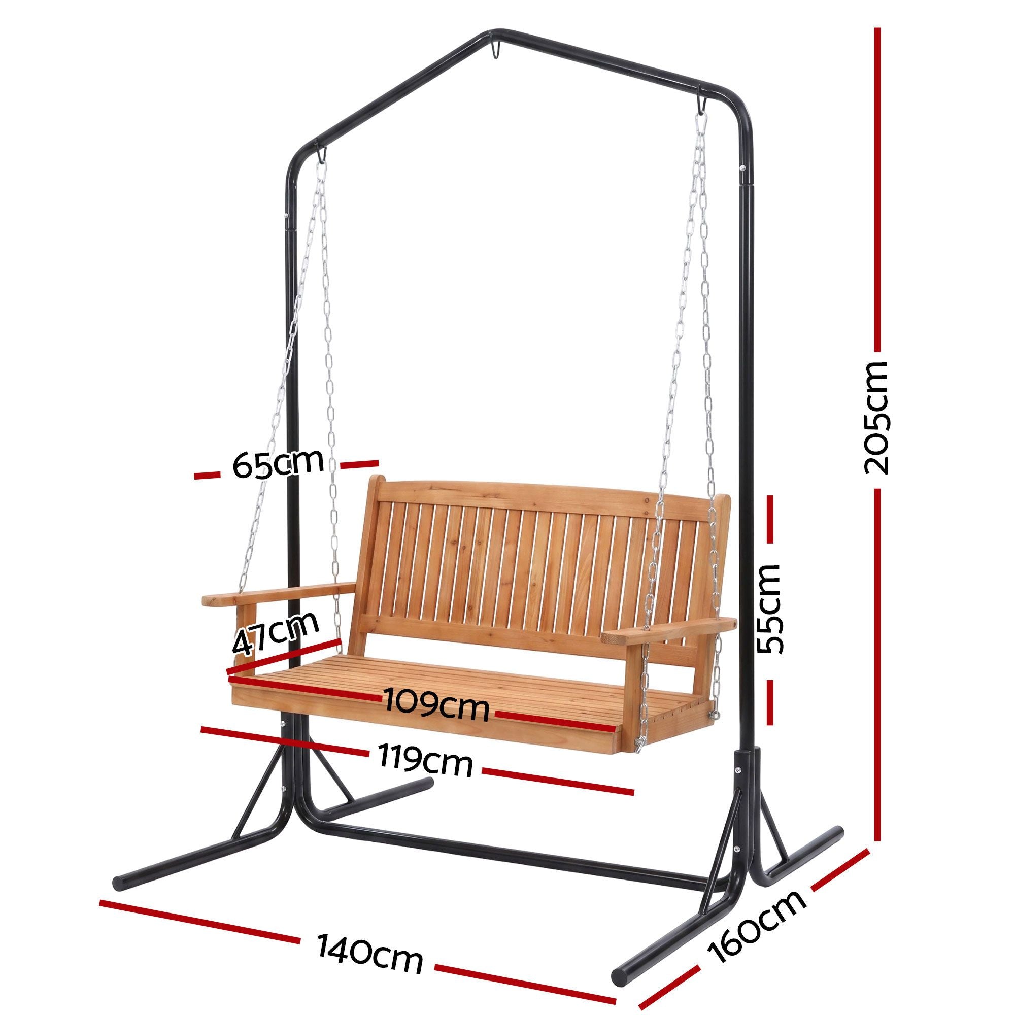Gardeon Wooden 2-Seater Outdoor Swing Chair with Black Stand Hanging Chair Patio Furniture ODF-B-SWING-U-TK