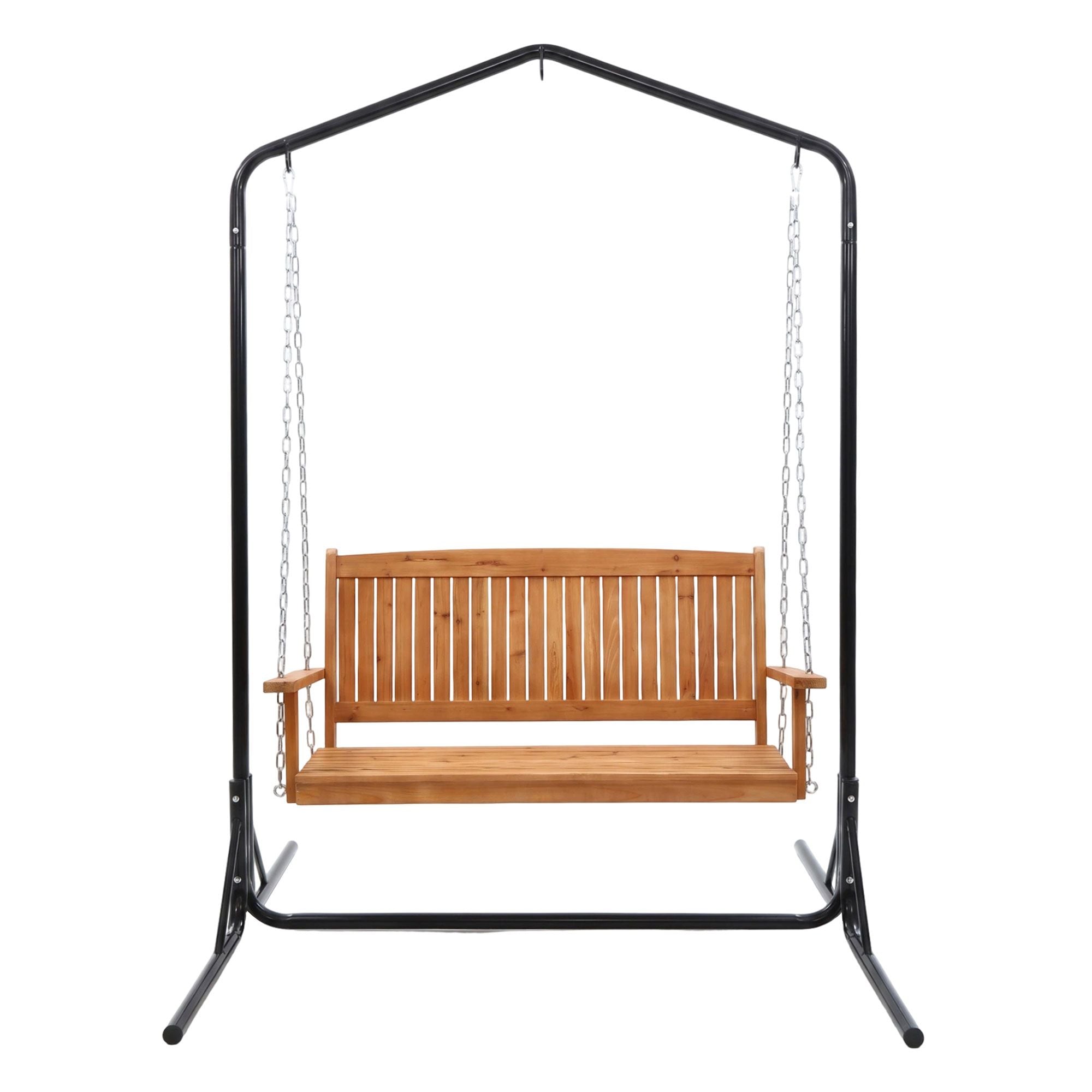 Gardeon Wooden 2-Seater Outdoor Swing Chair with Black Stand Hanging Chair Patio Furniture ODF-B-SWING-U-TK