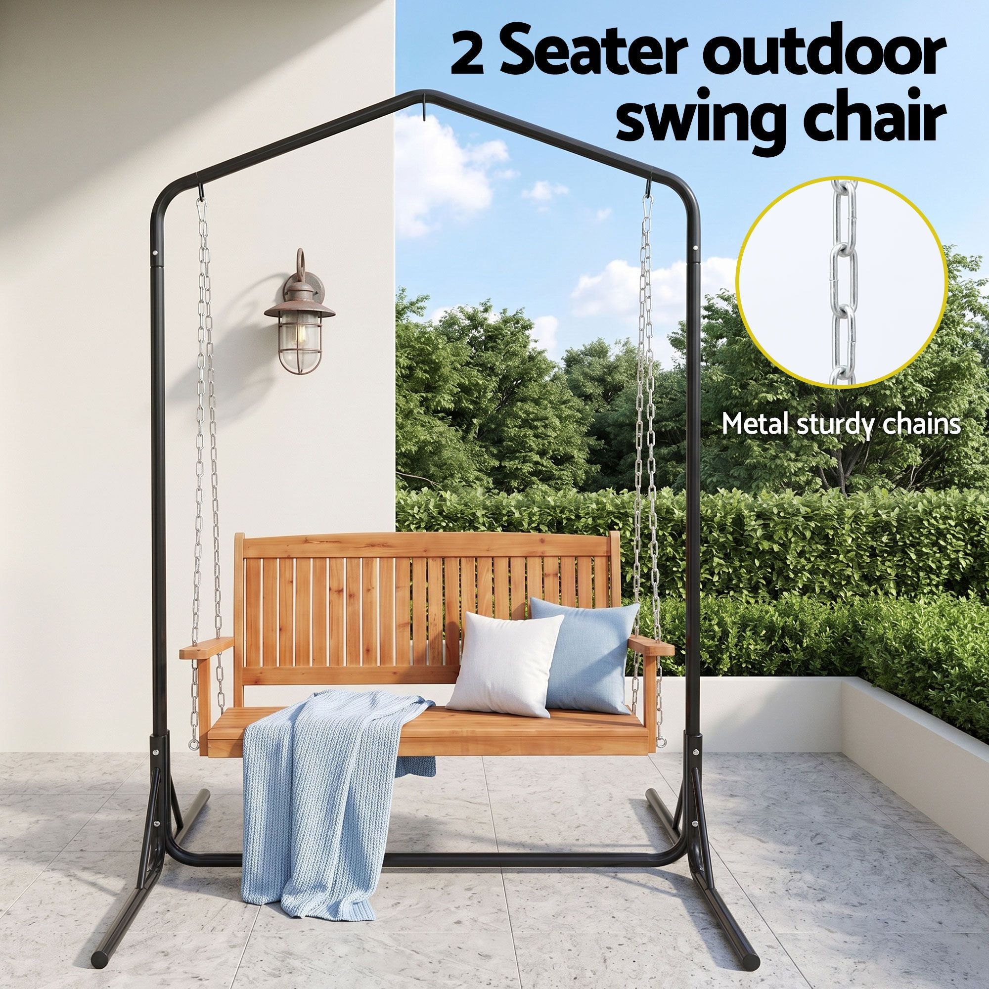 Gardeon Wooden 2-Seater Outdoor Swing Chair with Black Stand Hanging Chair Patio Furniture ODF-B-SWING-U-TK