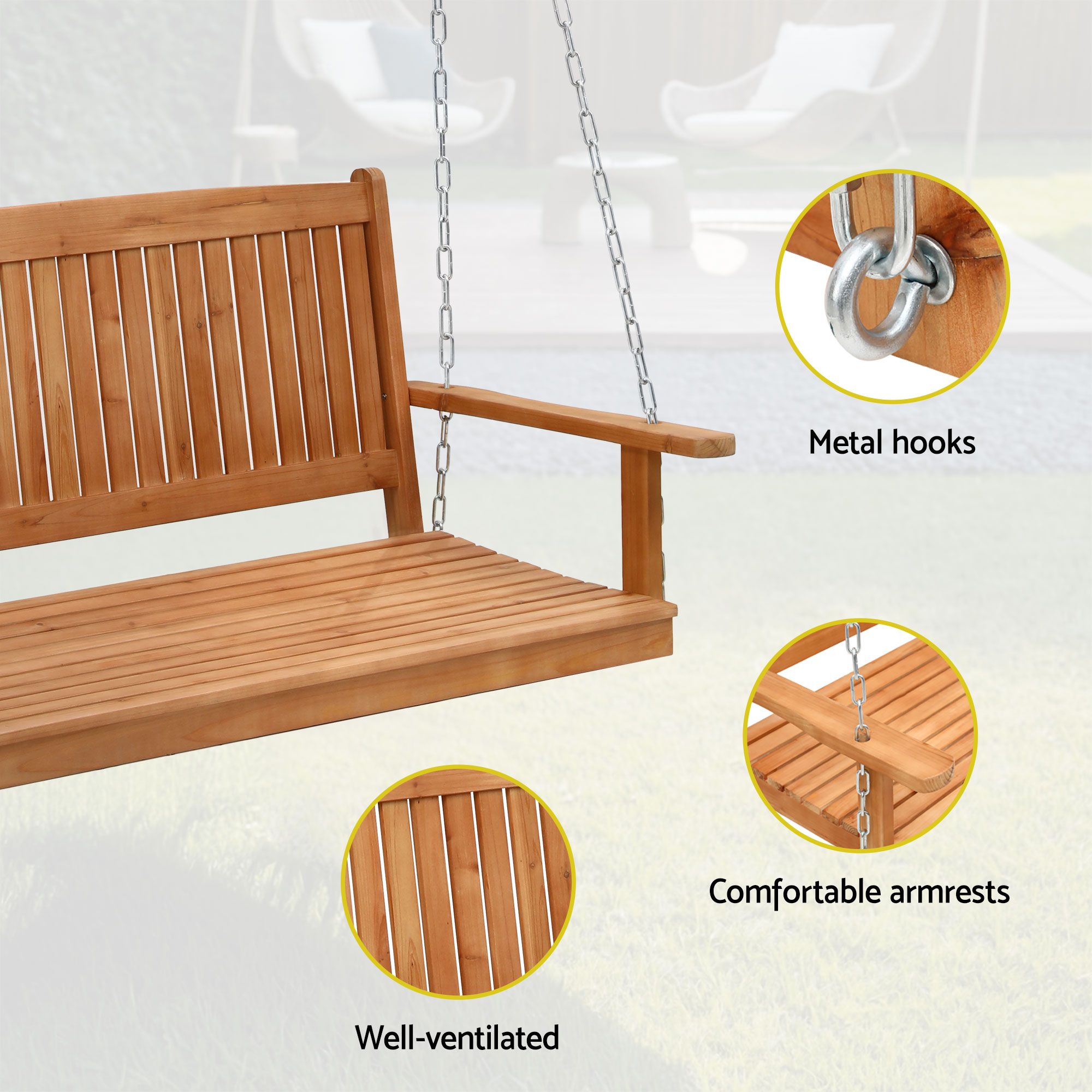 Gardeon Wooden 2-Seater Outdoor Swing Chair with Black Stand Hanging Chair Patio Furniture ODF-B-SWING-U-TK