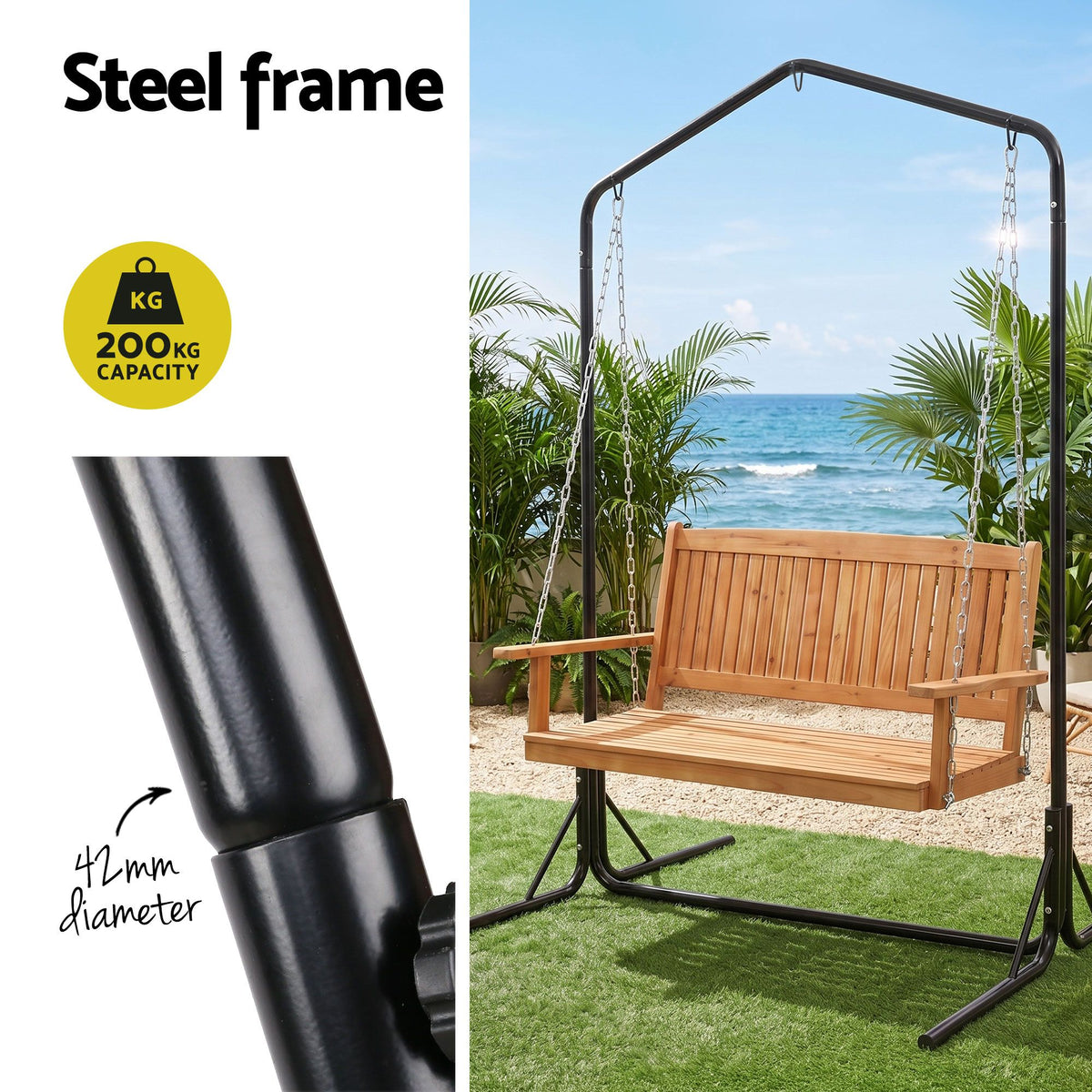 Gardeon Wooden 2-Seater Outdoor Swing Chair with Black Stand Hanging Chair Patio Furniture ODF-B-SWING-U-TK