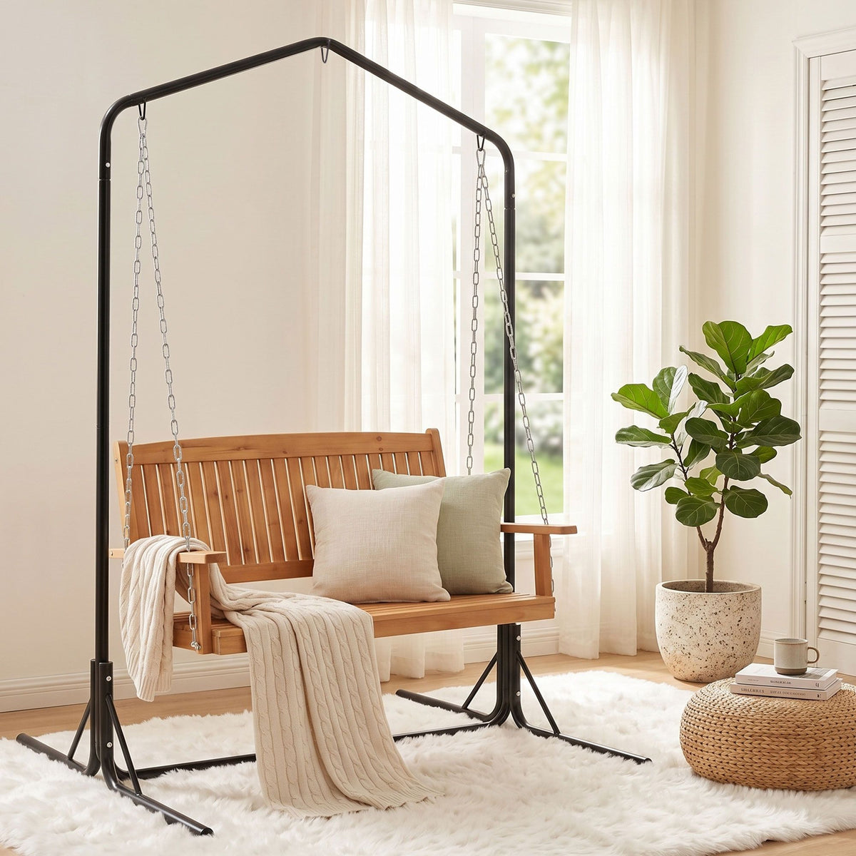 Gardeon Wooden 2-Seater Outdoor Swing Chair with Black Stand Hanging Chair Patio Furniture ODF-B-SWING-U-TK