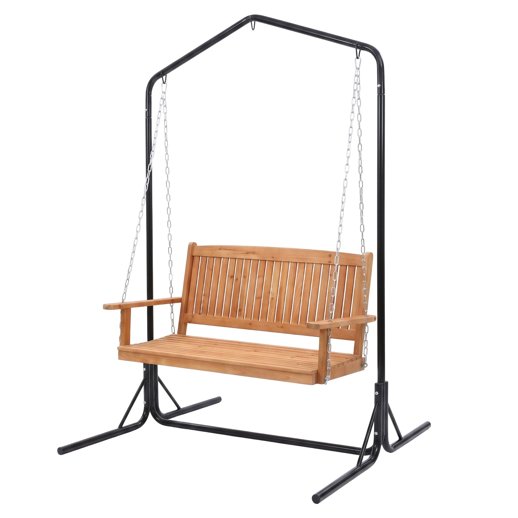 Gardeon Wooden 2-Seater Outdoor Swing Chair with Black Stand Hanging Chair Patio Furniture ODF-B-SWING-U-TK