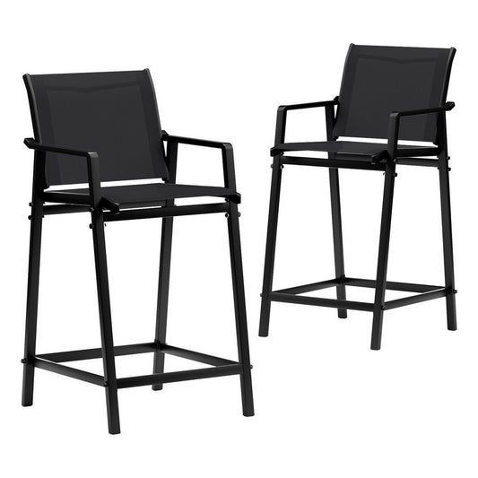 Gardeon 2PC Outdoor Bar Stools Steel Dining Chairs Patio Furniture Garden Black ODF-BA-TEX-BK-2X
