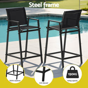 Gardeon 2PC Outdoor Bar Stools Steel Dining Chairs Patio Furniture Garden Black ODF-BA-TEX-BK-2X