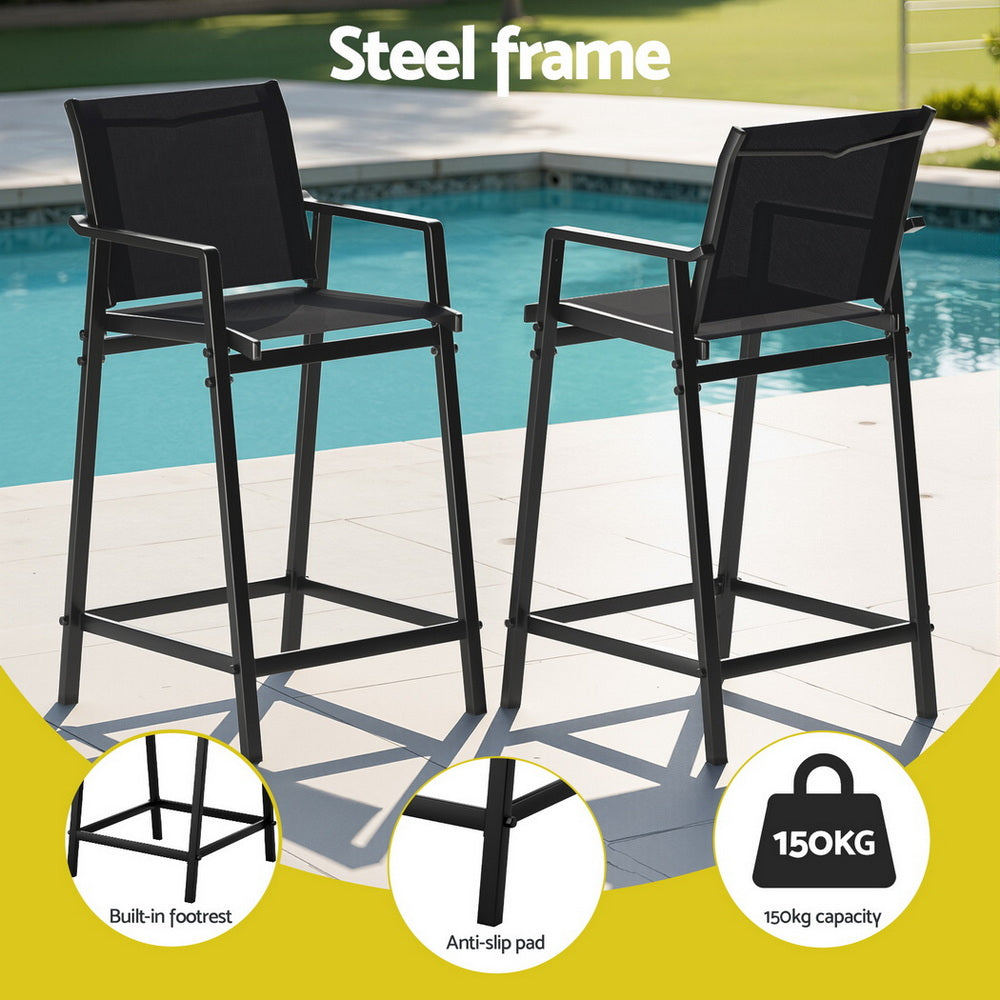 Gardeon 2PC Outdoor Bar Stools Steel Dining Chairs Patio Furniture Garden Black ODF-BA-TEX-BK-2X