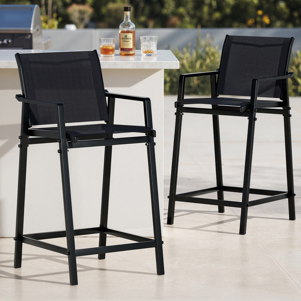 Gardeon 2PC Outdoor Bar Stools Steel Dining Chairs Patio Furniture Garden Black ODF-BA-TEX-BK-2X