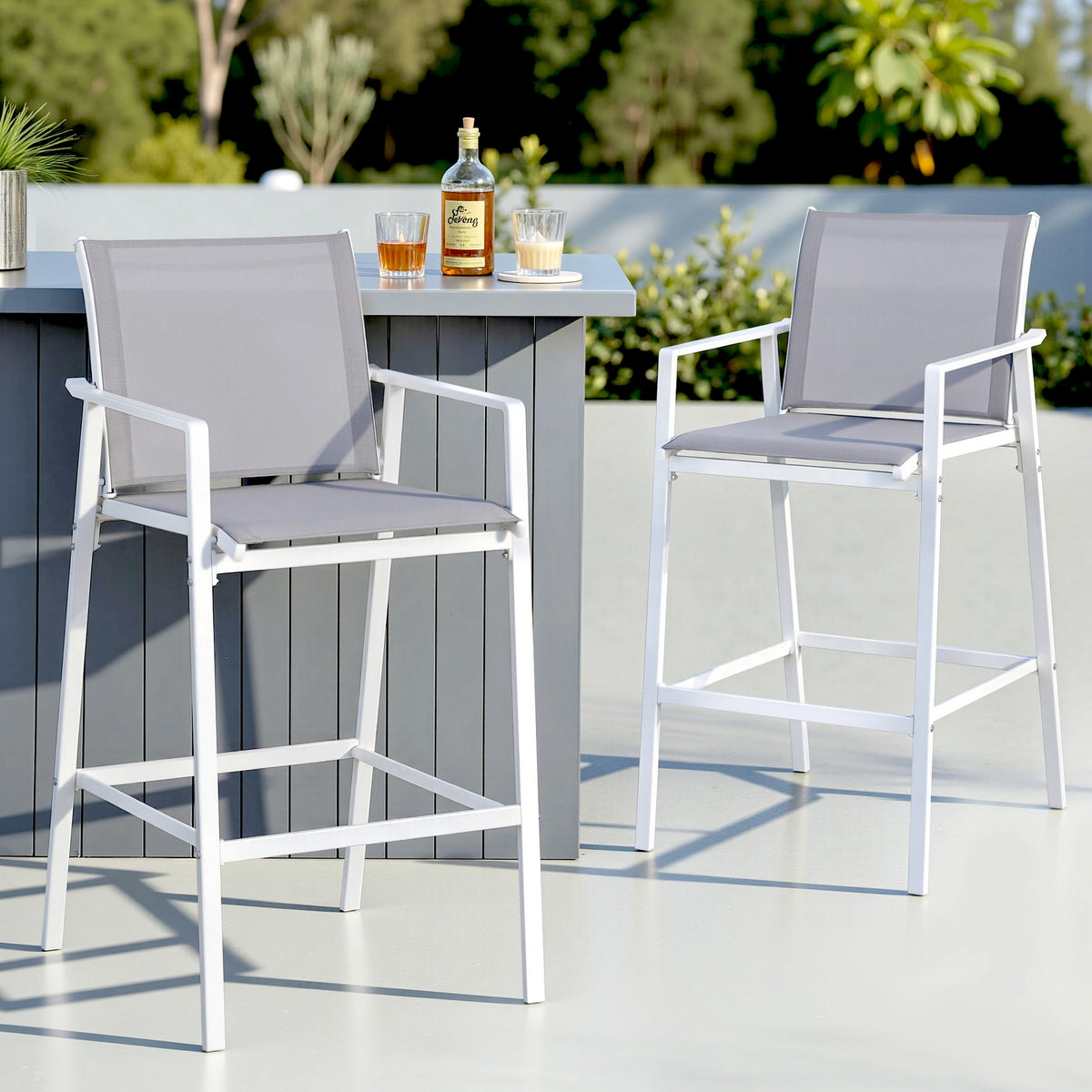 Gardeon 2PC Outdoor Bar Stools Dining Chairs Patio Furniture Garden Steel Textilene White ODF-BA-TEX-WH-2X