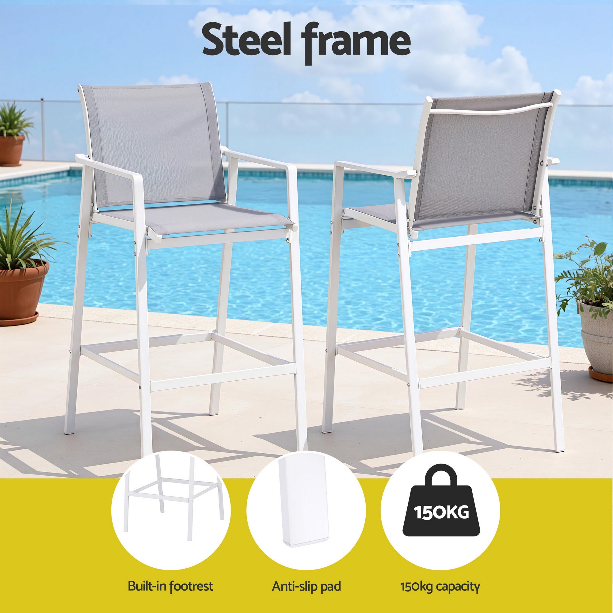 Gardeon 2PC Outdoor Bar Stools Dining Chairs Patio Furniture Garden Steel Textilene White ODF-BA-TEX-WH-2X