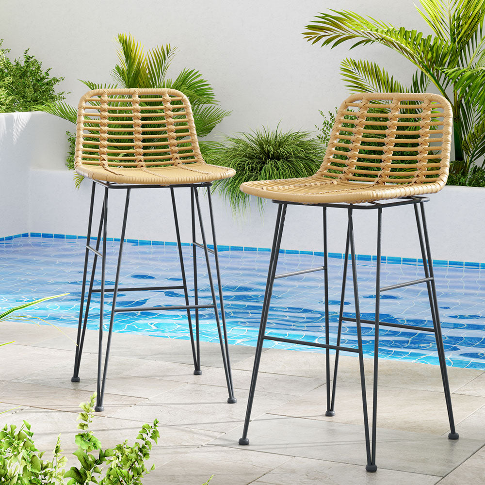 Gardeon 2x Outdoor Bar Stools Rattan Nature ODF-BA-TW-RATTAN-NA-X2