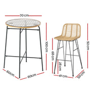 Gardeon 3-Piece Outdoor Bar Set Wicker Table Chairs Patio Bistro ODF-BA-TW-RATTAN-SET