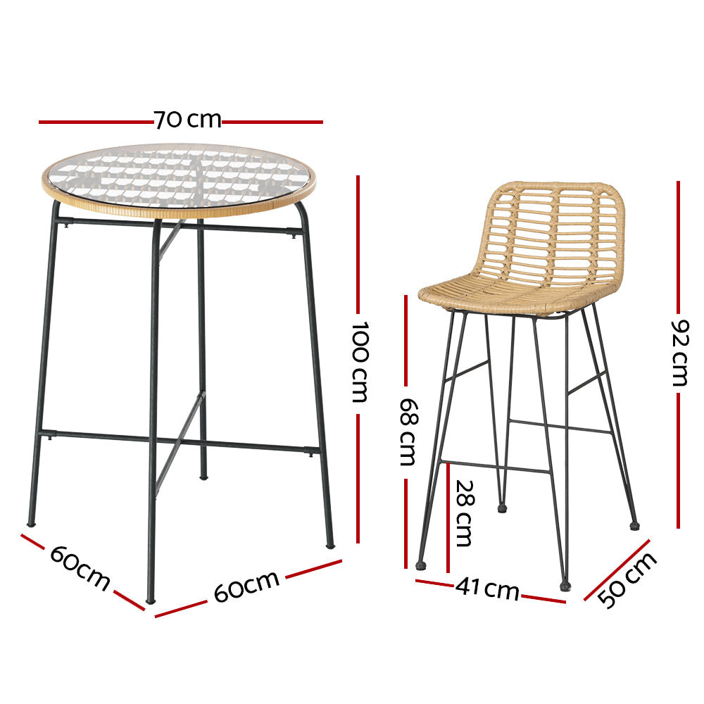 Gardeon 3-Piece Outdoor Bar Set Wicker Table Chairs Patio Bistro ODF-BA-TW-RATTAN-SET