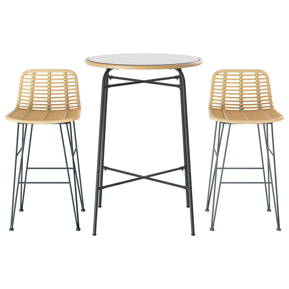 Gardeon 3-Piece Outdoor Bar Set Wicker Table Chairs Patio Bistro ODF-BA-TW-RATTAN-SET