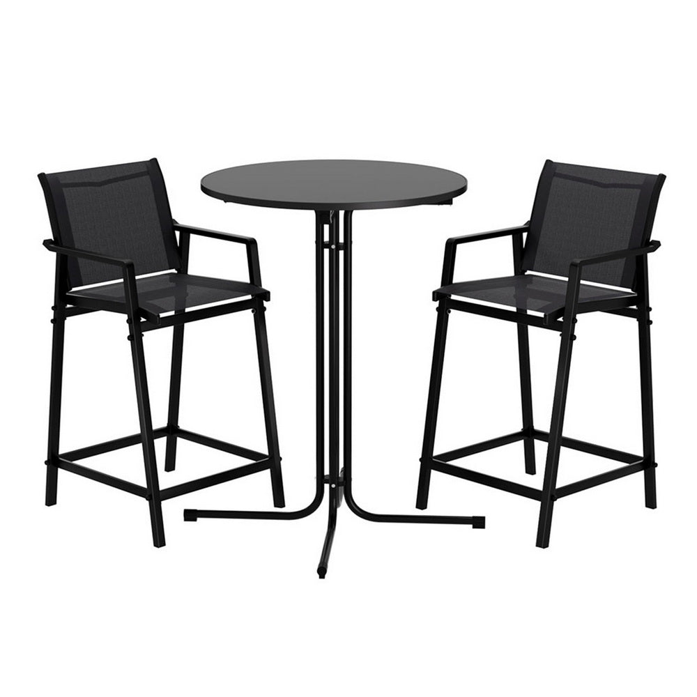 Gardeon 3PC Outdoor Bar Set Stools Dining Chairs Table Patio Furniture Bistro Set Steel Black ODF-BARSET-3TEX-BK