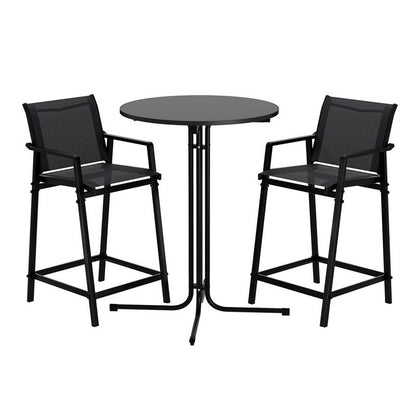 Gardeon 3PC Outdoor Bar Set Stools Dining Chairs Table Patio Furniture Bistro Set Steel Black ODF-BARSET-3TEX-BK